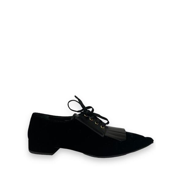 PRADA Black Velvet and Leather Fringe Accent Pointed Toe Lace Up Flats Size 37.5